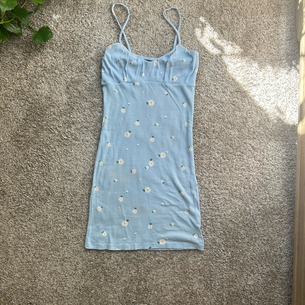 Light Blue Daisy Print Ribbed Mini Dress - Picture 7 of 12